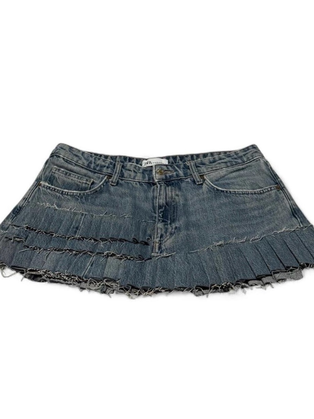 Reworked Distressed Denim Mini Skirt in Washed Blue